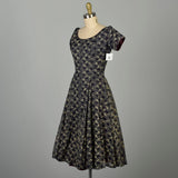 Small 1950s Flocked Dress Navy Blue Short Sleeve