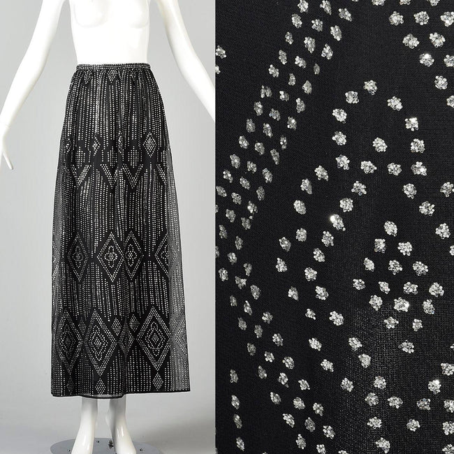 XS 1970s Black Maxi Skirt with Silver Glitter