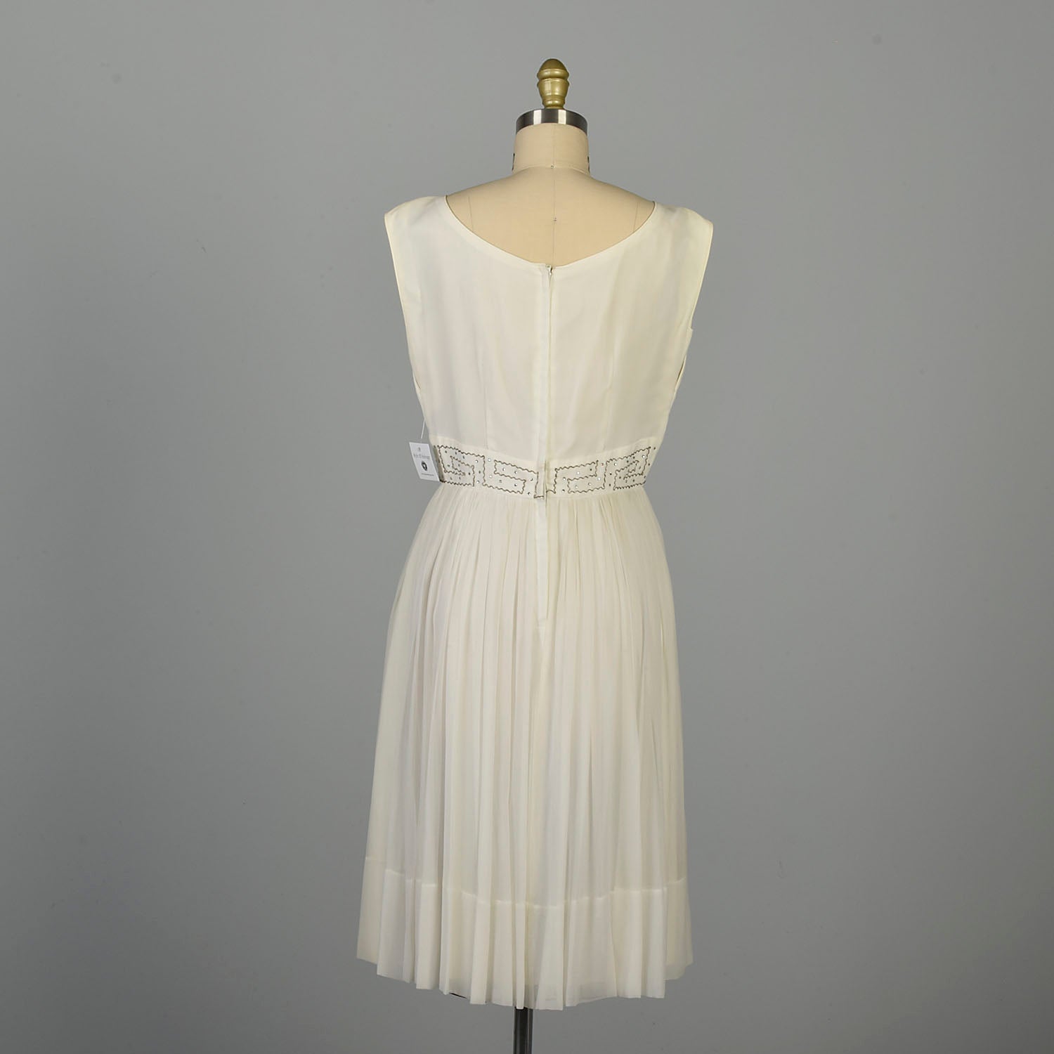 Medium 1960s White Silk Dress Rhinestone Waist Sleeveless