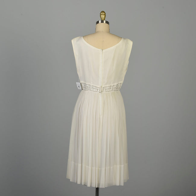 Medium 1960s White Silk Dress Rhinestone Waist Sleeveless