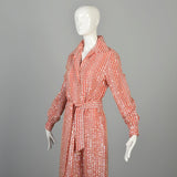 Large 1970s Long Sleeve Maxi Dress Red Gingham Sequin Picnic Country Glamour Tablecloth