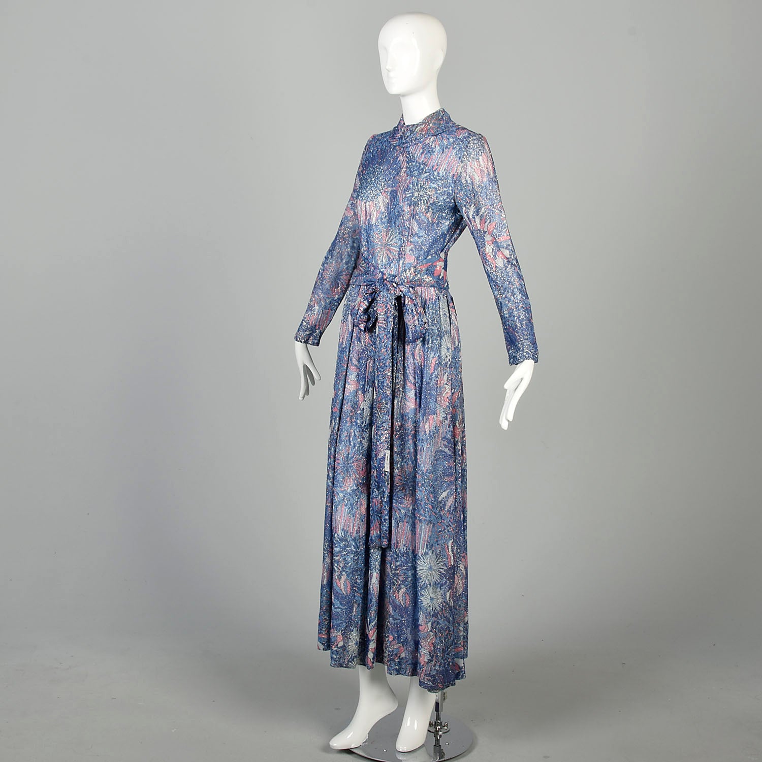 Small 1970s Maxi Dress Lurex Psychedelic Metallic Floral Evening
