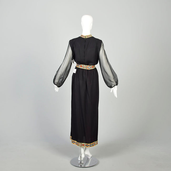 Large 1970s Ensemble Maxi Skirt Two Piece Blouse Hippie Sheer Bishop Sleeve