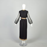 Large 1970s Ensemble Maxi Skirt Two Piece Blouse Hippie Sheer Bishop Sleeve