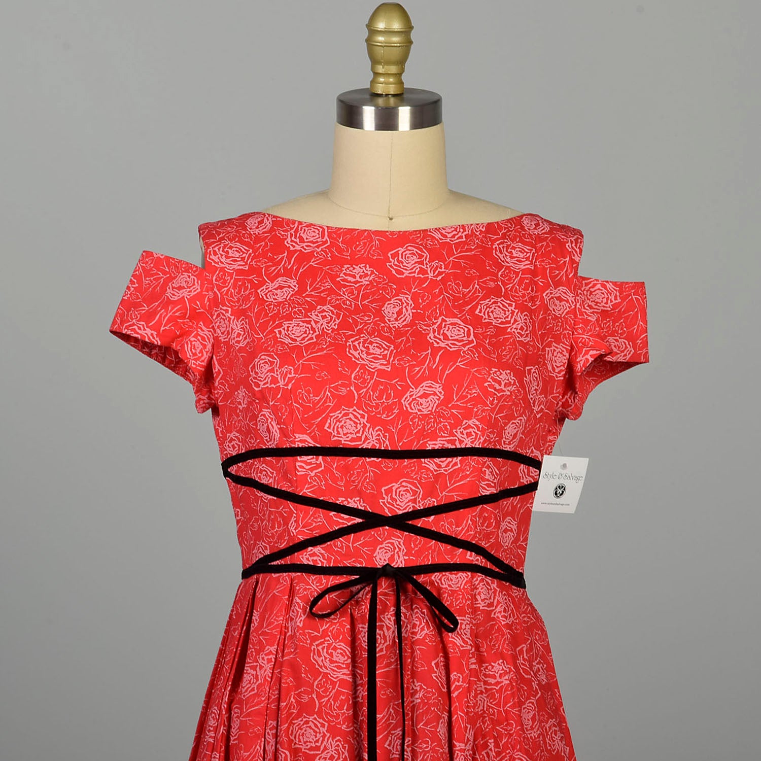 XXS 1950s Novelty Print Dress Faux Corset Laced Waist Red Rose Cotton Short Sleeve