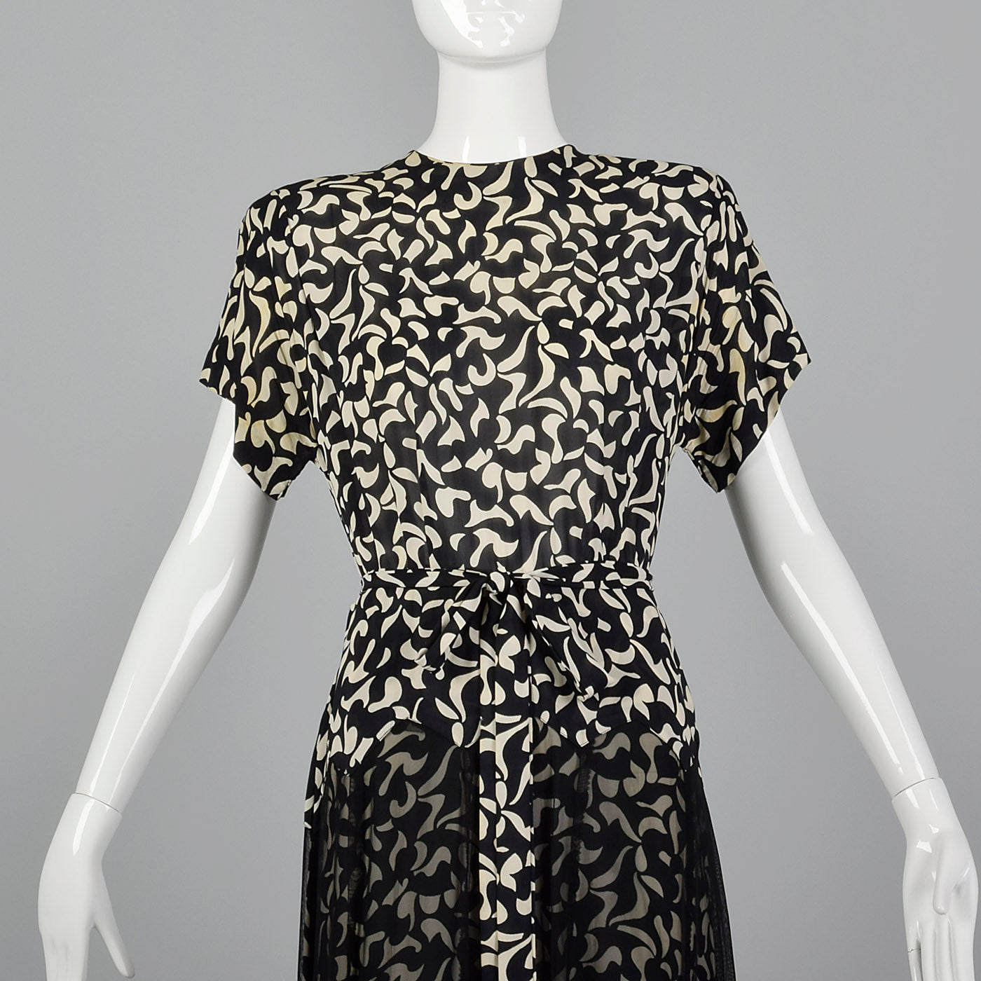 1940s Black and White Print Dress with Sheer Overlay