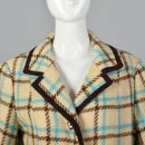 1960s Cream Plaid Coat Brown & Teal