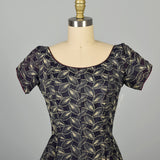 Small 1950s Flocked Dress Navy Blue Short Sleeve