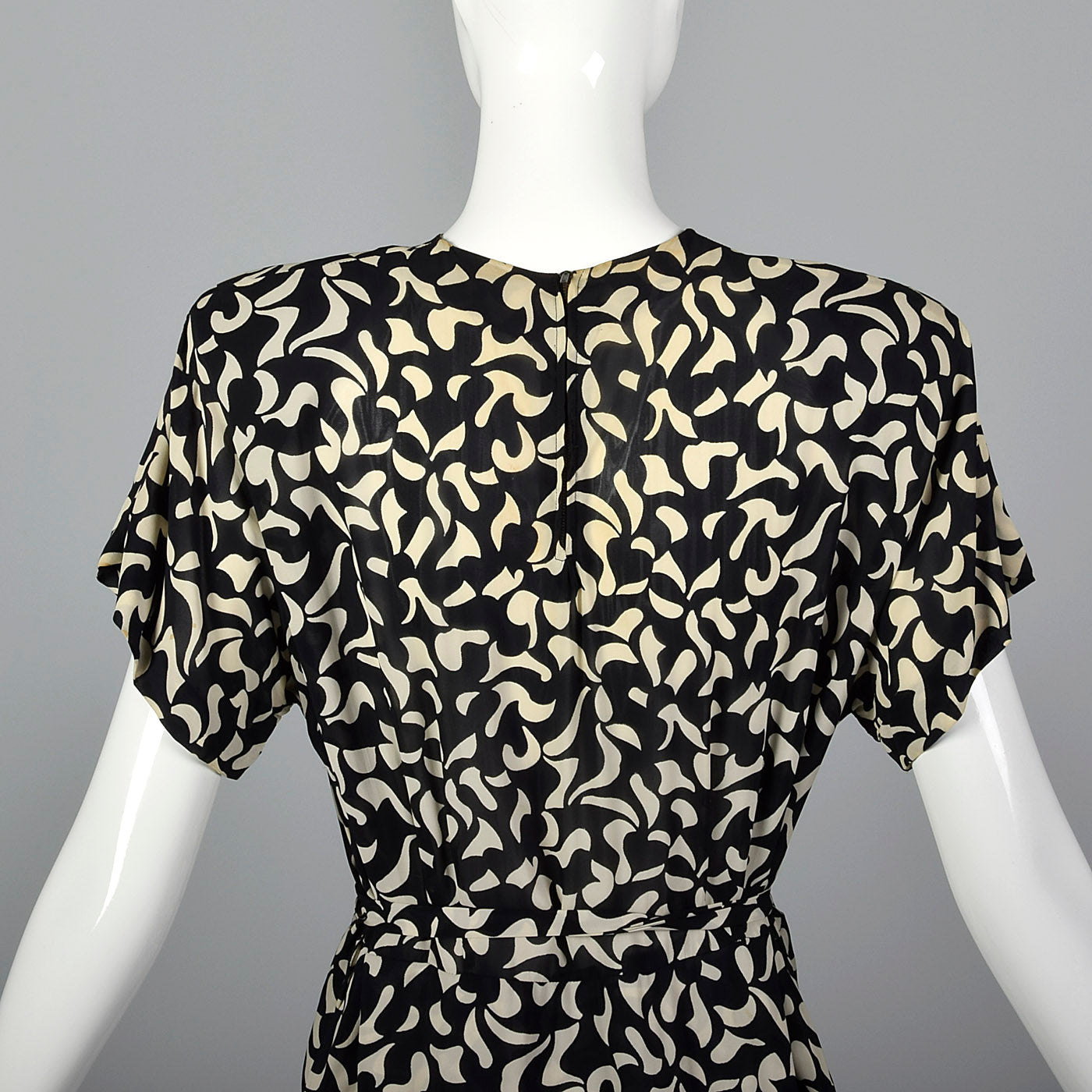 1940s Black and White Print Dress with Sheer Overlay