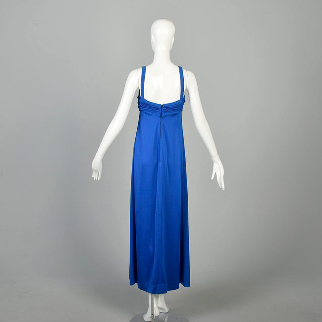 XXS 1970s Dress Royal Blue Disco Low Cut Maxi Dress