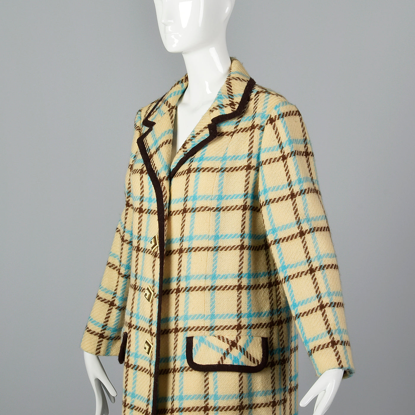 1960s Cream Plaid Coat Brown & Teal