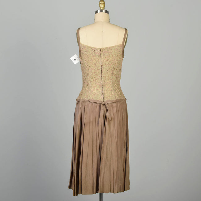 XS 1960s Dress Taupe Lace Drop Waist Pleated Skirt