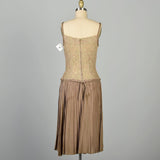 XS 1960s Dress Taupe Lace Drop Waist Pleated Skirt