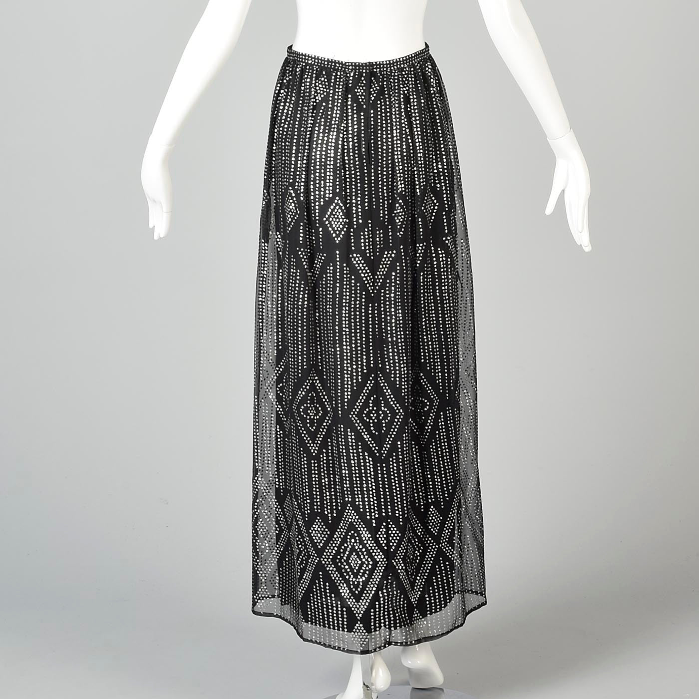 XS 1970s Black Maxi Skirt with Silver Glitter