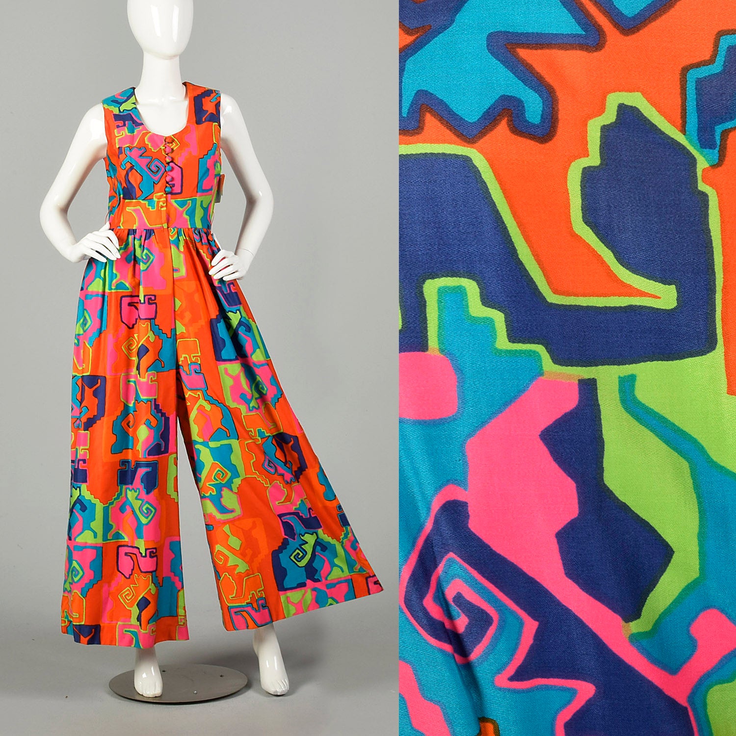 Small 1960s Palazzo Pant Jumpsuit Eddy George Colorful Geometric