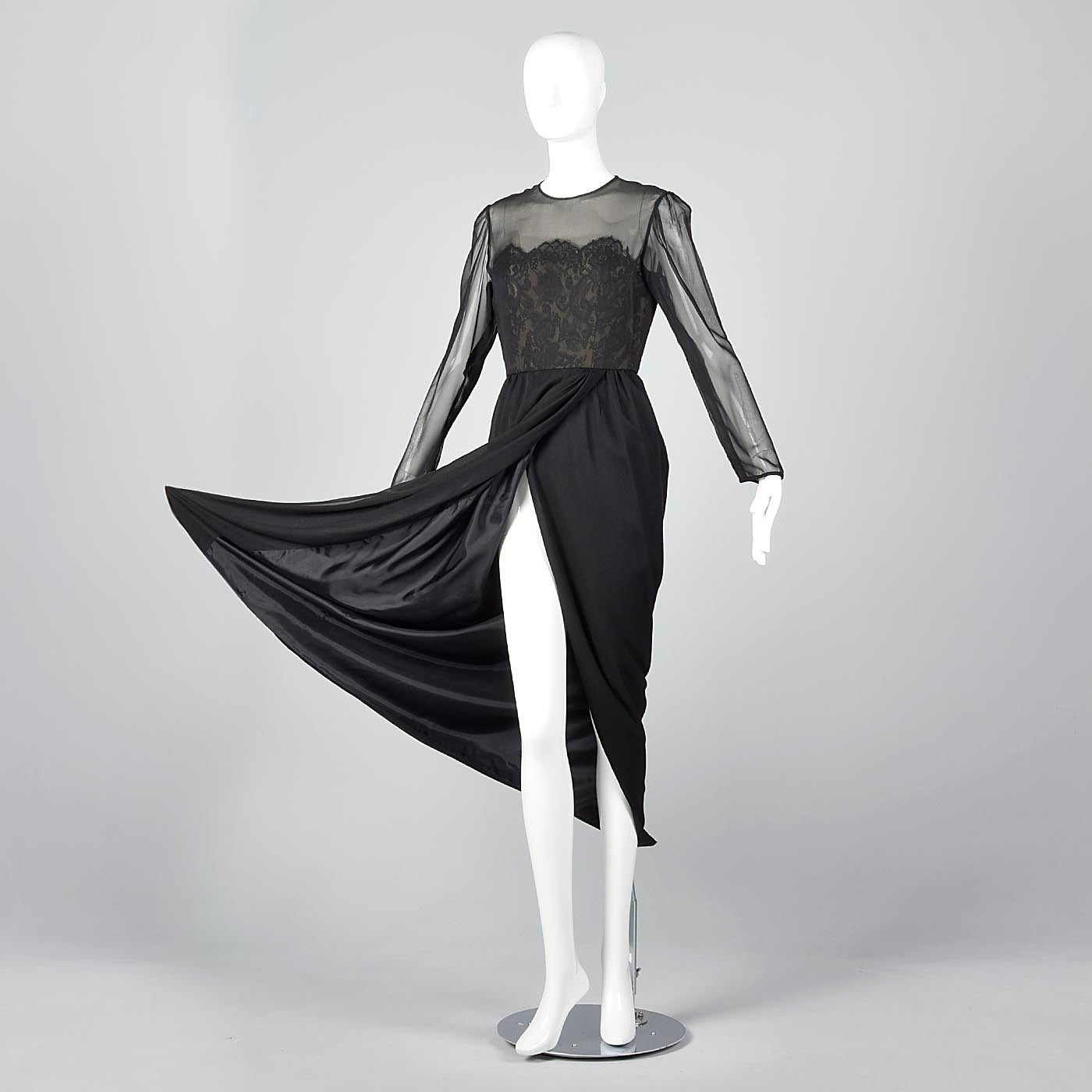 Michael Novarese Long Sleeve Black Evening Dress with Lace Illusion Bodice