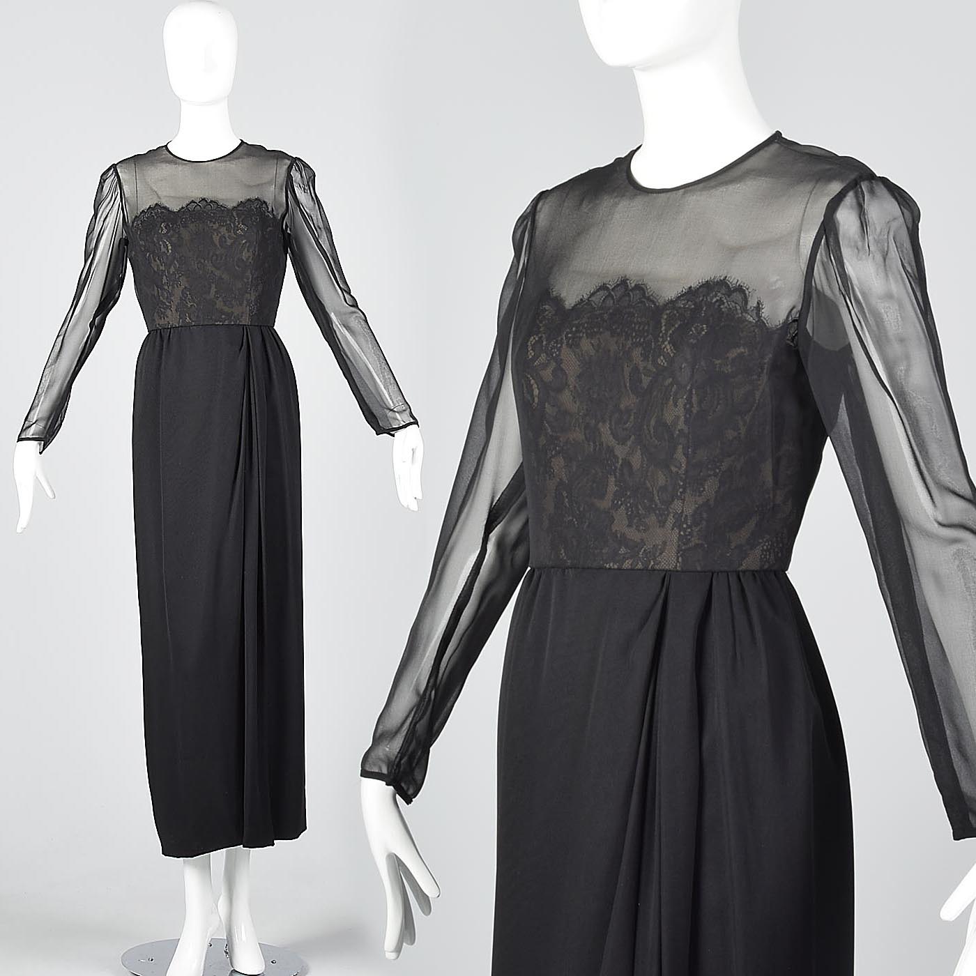 Michael Novarese Long Sleeve Black Evening Dress with Lace Illusion Bodice