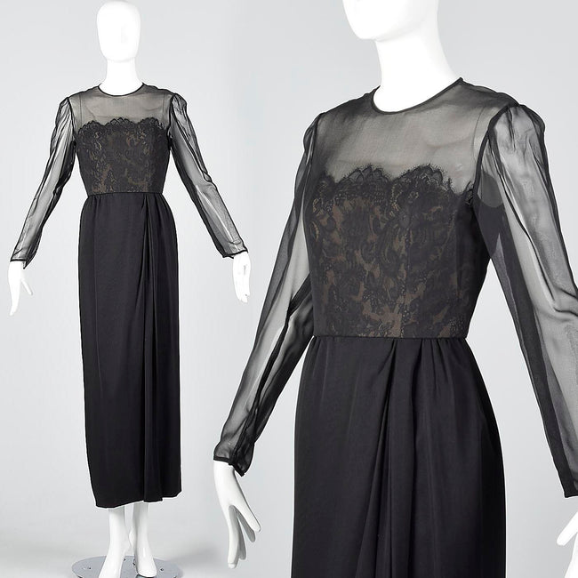 Michael Novarese Long Sleeve Black Evening Dress with Lace Illusion Bodice