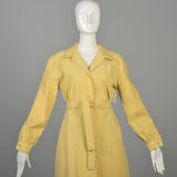Small 1970s Halston Coat Ultrasuede Wing Collar Yellow Belted Dress Long Sleeve Button Front