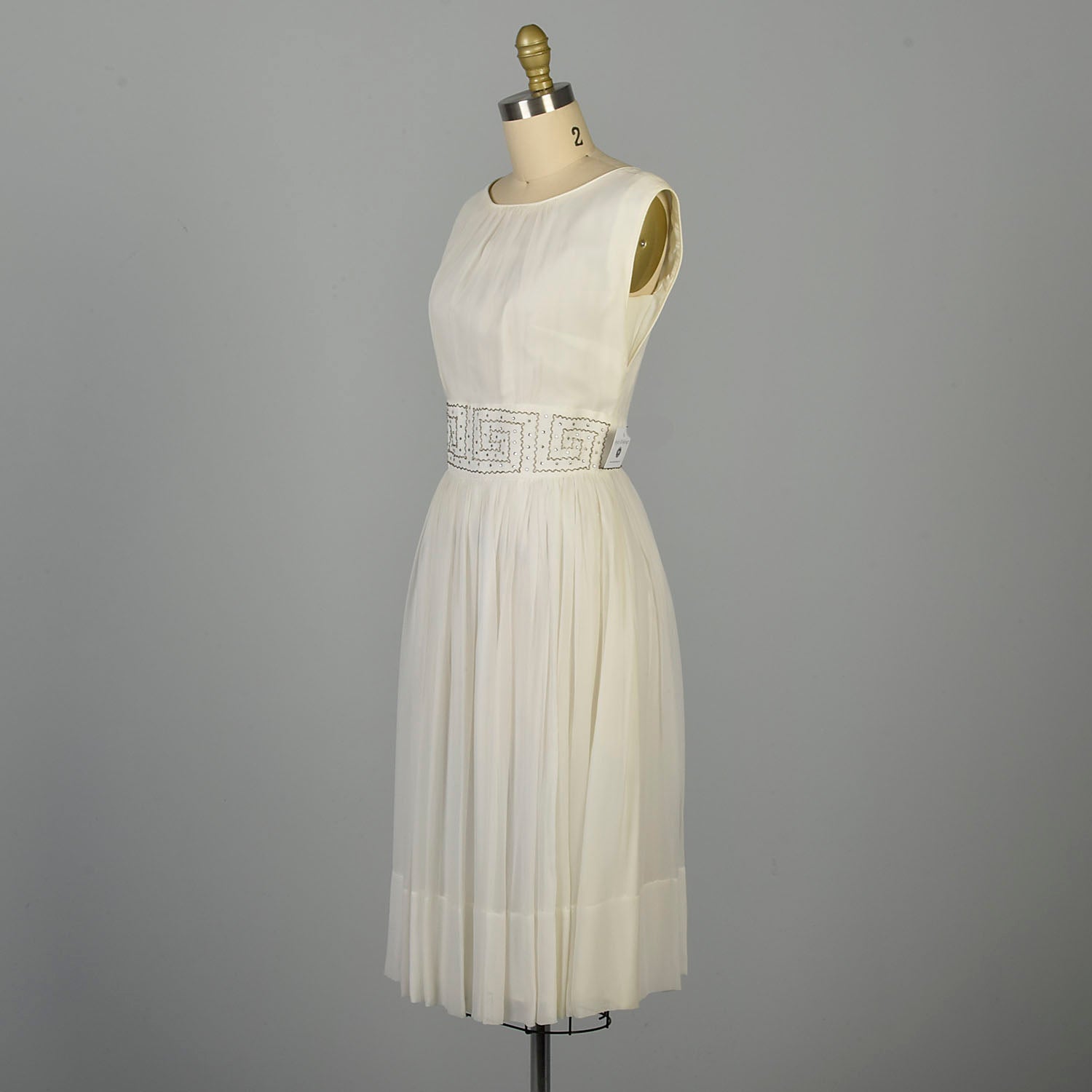 Medium 1960s White Silk Dress Rhinestone Waist Sleeveless