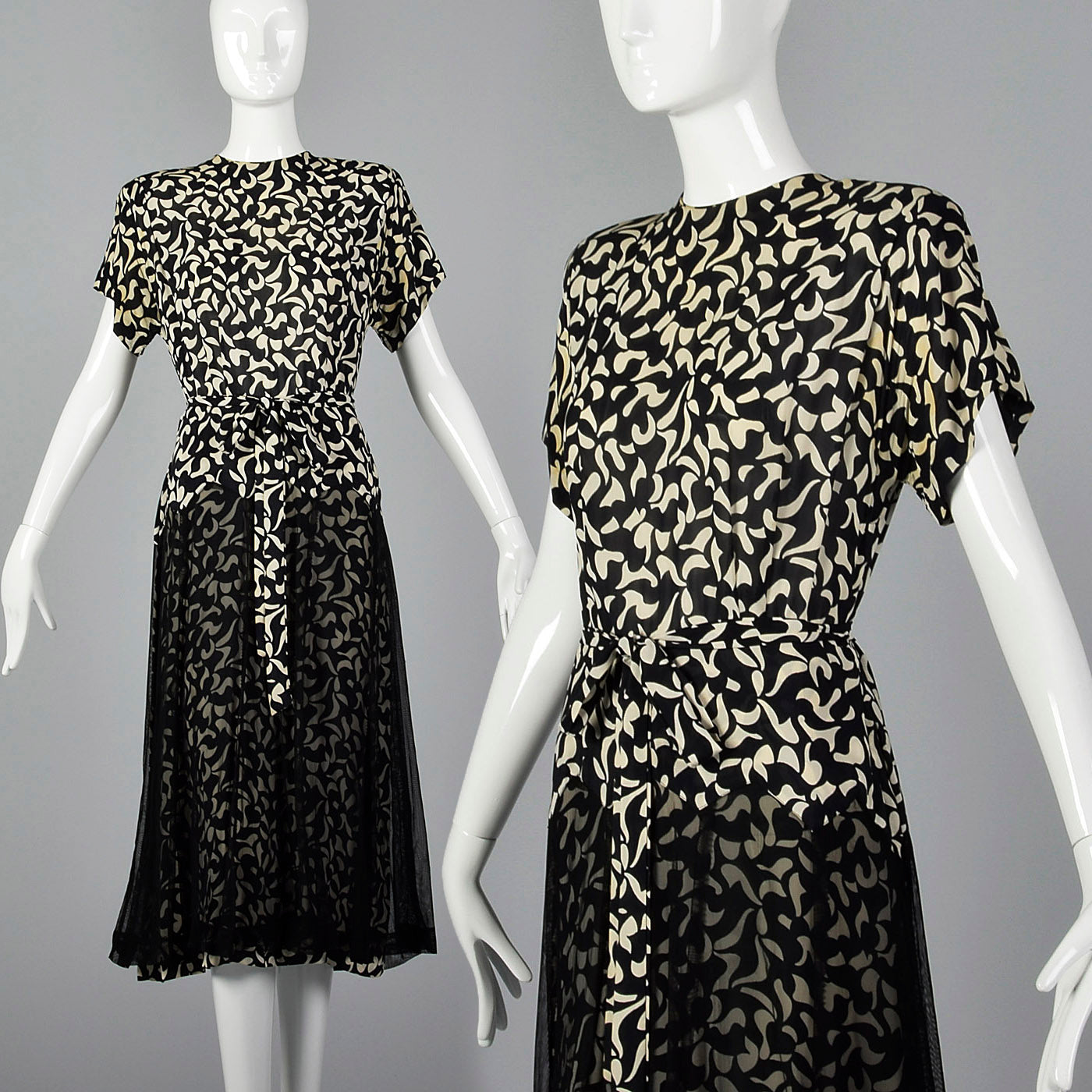 1940s Black and White Print Dress with Sheer Overlay