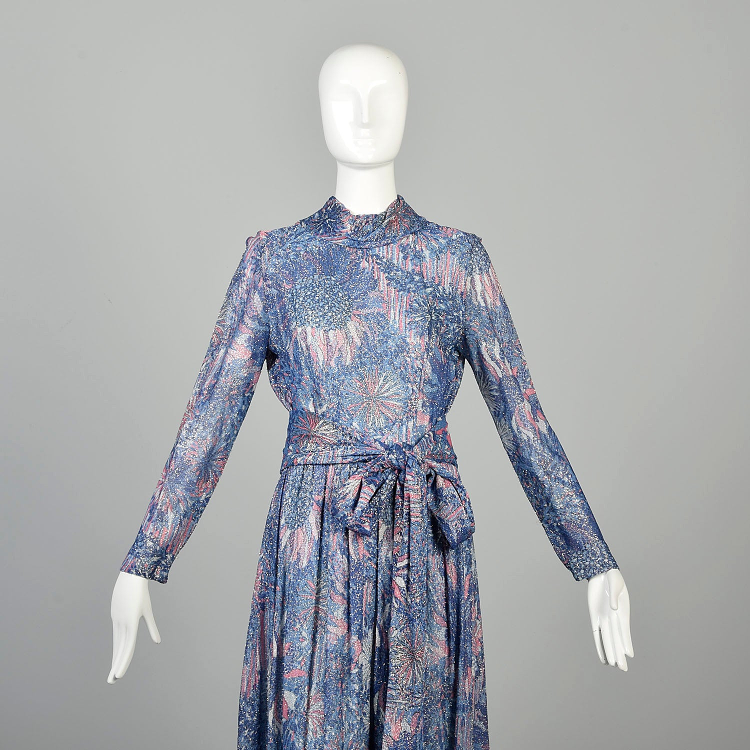 Small 1970s Maxi Dress Lurex Psychedelic Metallic Floral Evening