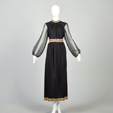 Large 1970s Ensemble Maxi Skirt Two Piece Blouse Hippie Sheer Bishop Sleeve