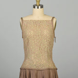 XS 1960s Dress Taupe Lace Drop Waist Pleated Skirt