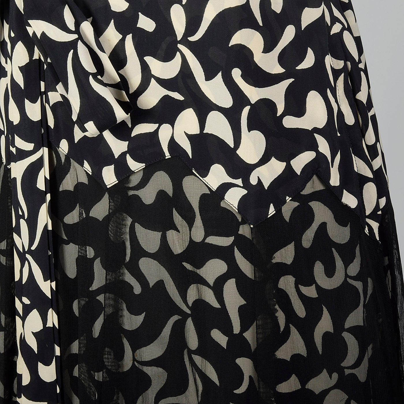 1940s Black and White Print Dress with Sheer Overlay