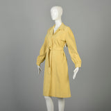 Small 1970s Halston Coat Ultrasuede Wing Collar Yellow Belted Dress Long Sleeve Button Front