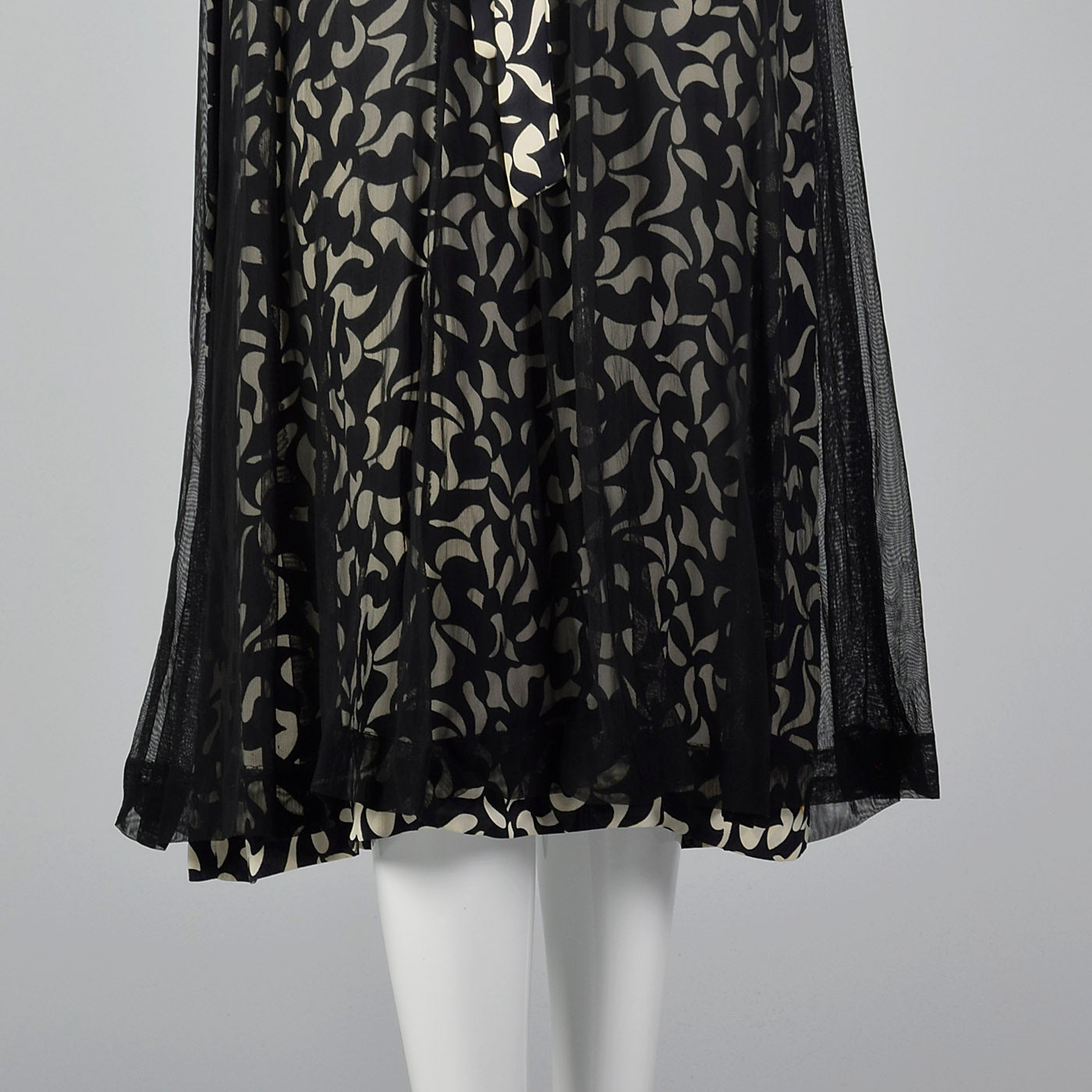 1940s Black and White Print Dress with Sheer Overlay
