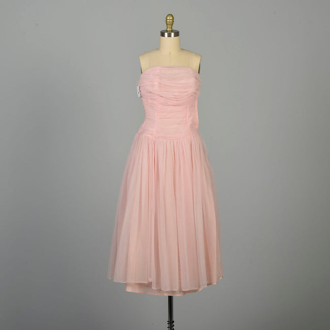 XXS 1950s Pink Party Dress Ruched Barbie Strapless