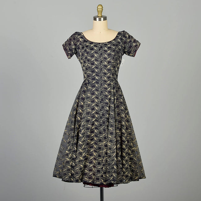 Small 1950s Flocked Dress Navy Blue Short Sleeve