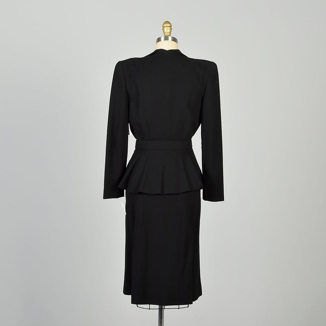 XS 1940s Dress and Jacket Set Belted Black Suit Set