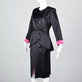 Yves Saint Laurent Rive Gauche Black Satin Satin Skirt Suit with Hot Pink Lining