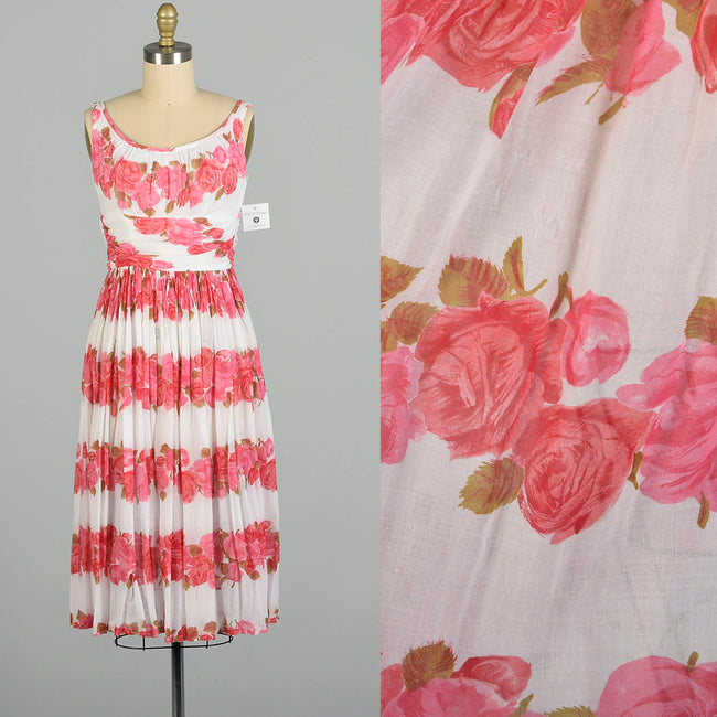 XXS 1950s Sleeveless Flowy Pink Novelty Rose Print Cotton Summer Day Dress