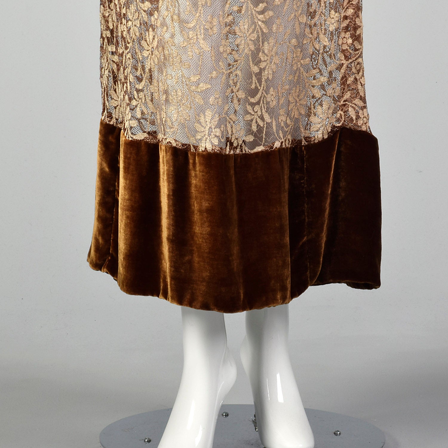 1930s XS Brown Lace Long Sleeve Drop Waist Velvet Trim Dress