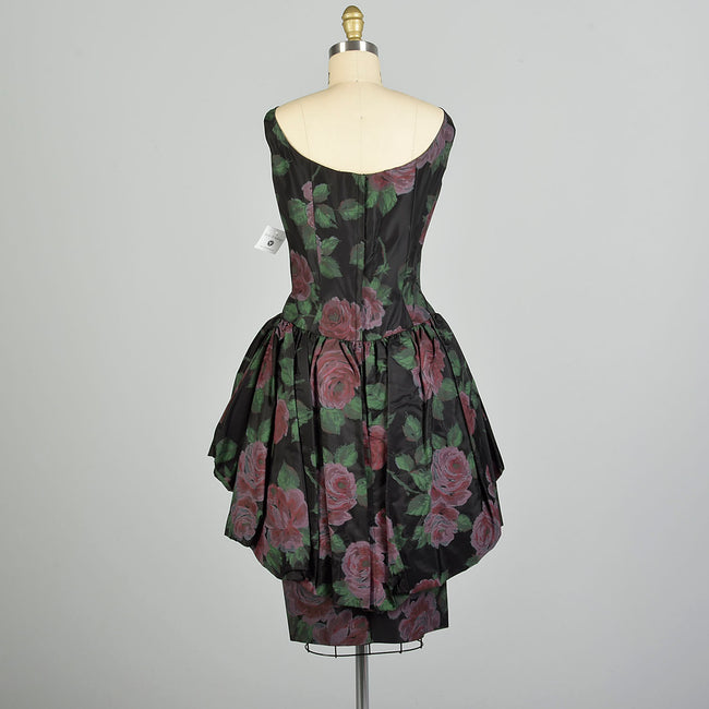 Small 1950s Novelty Rose Print Peplum Cocktail Dress Bubble Hem Prom Dress