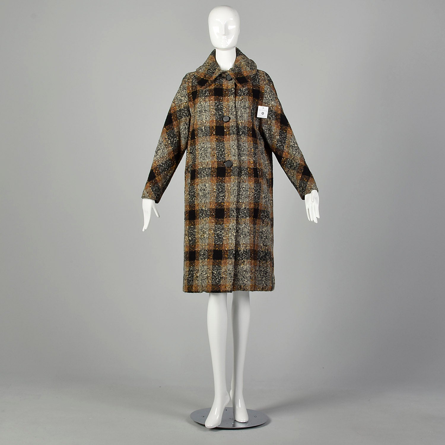 XL 1950s Coat Black Brown Flecked Tweed Overcoat Plaid Winter Wool Plush Lined Outerwear