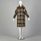 XL 1950s Coat Black Brown Flecked Tweed Overcoat Plaid Winter Wool Plush Lined Outerwear