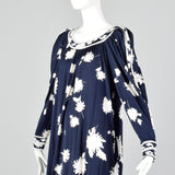 1980s Leonard Paris Navy Blue Floral Dress