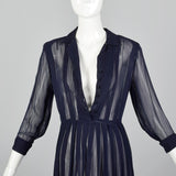 1940s Sheer Navy Blue Dress with Pleated Front