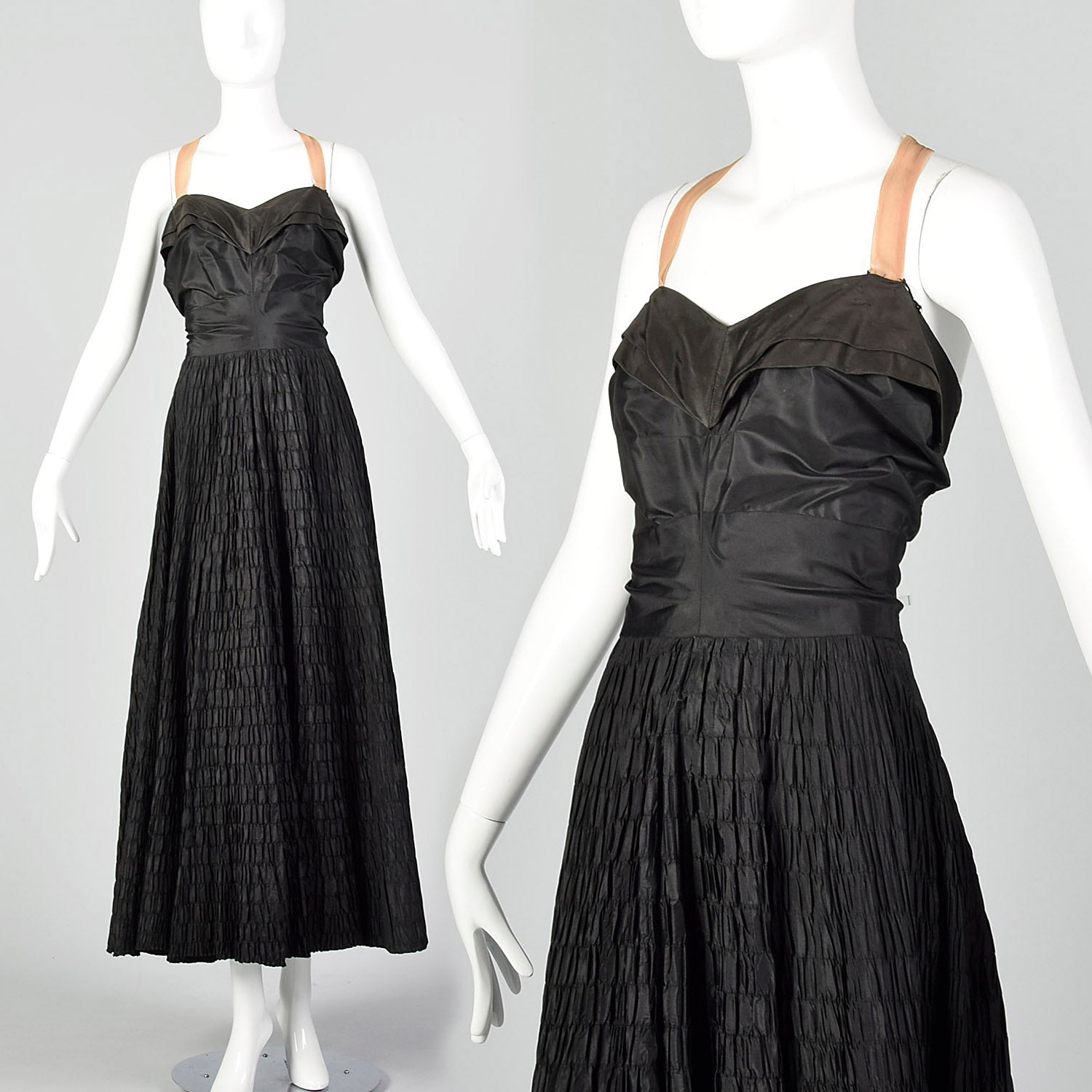 XL 1940s Black Silk Taffeta Gown