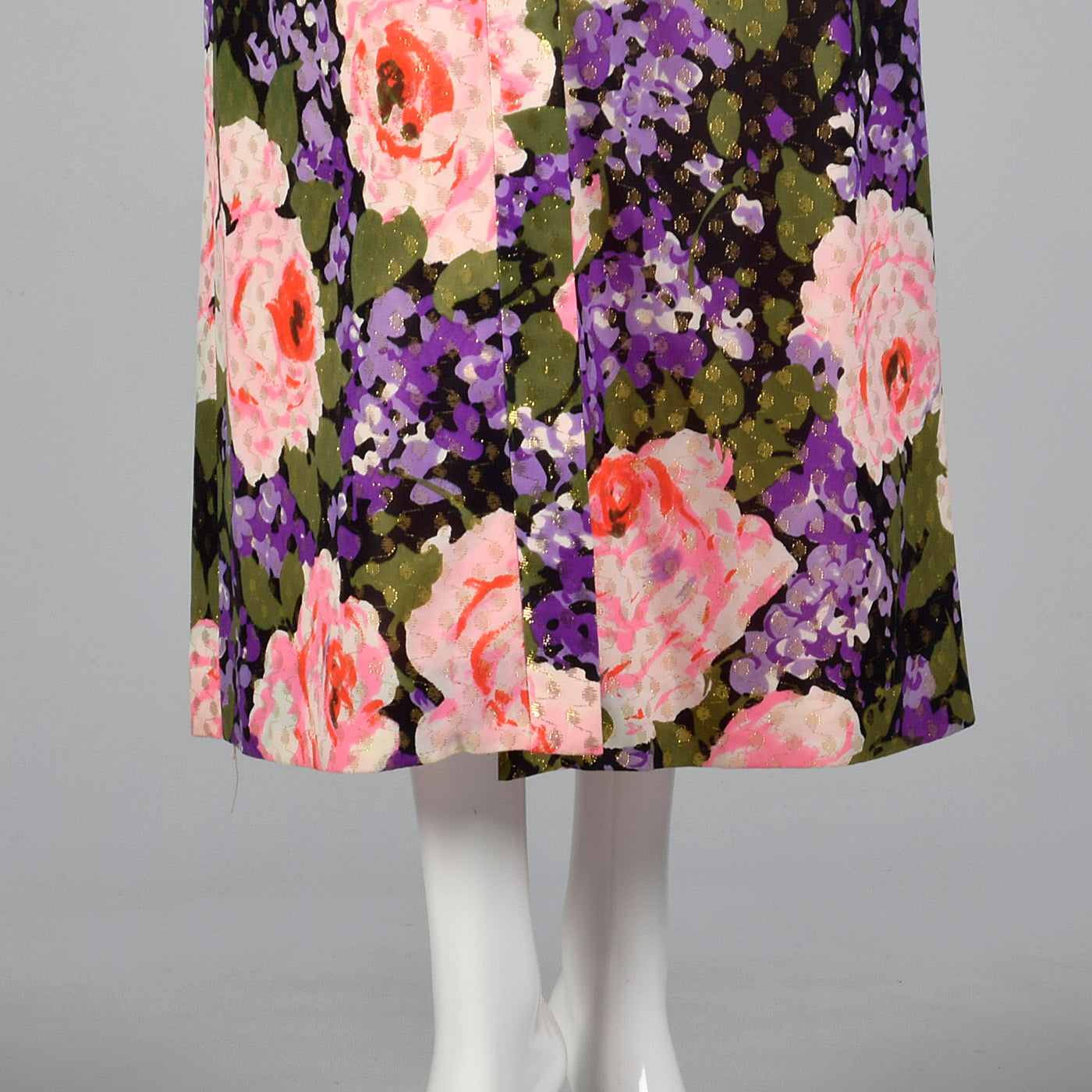 1970s Floral Maxi Dress with Metallic Polka Dots