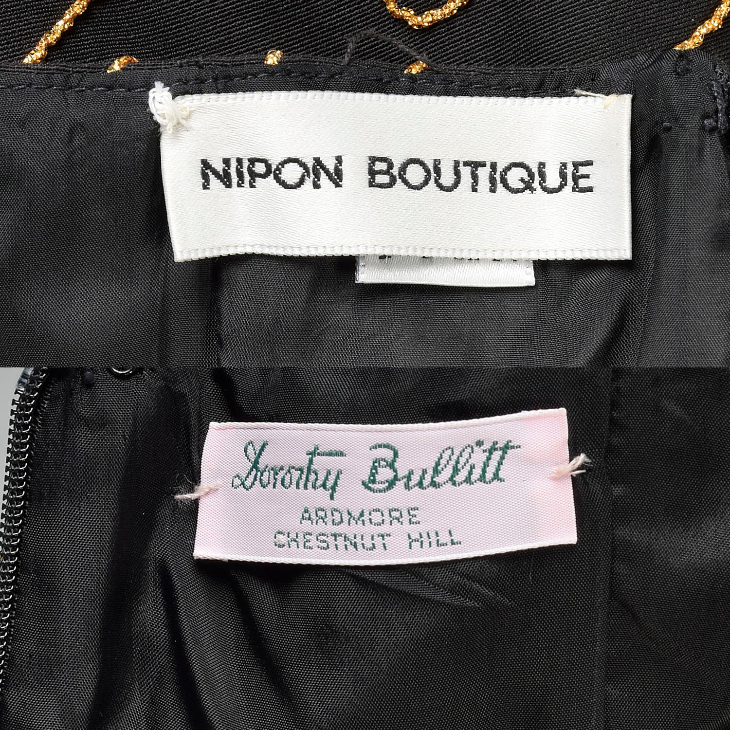 Small 1980s Nipon Black Strapless Party Dress Peplum with Gold Swirl