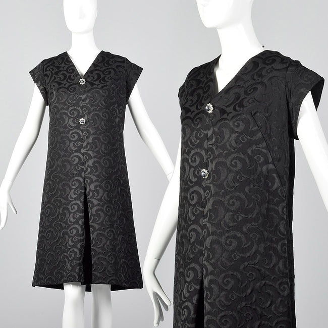 1960s Black Brocade Swing Dress