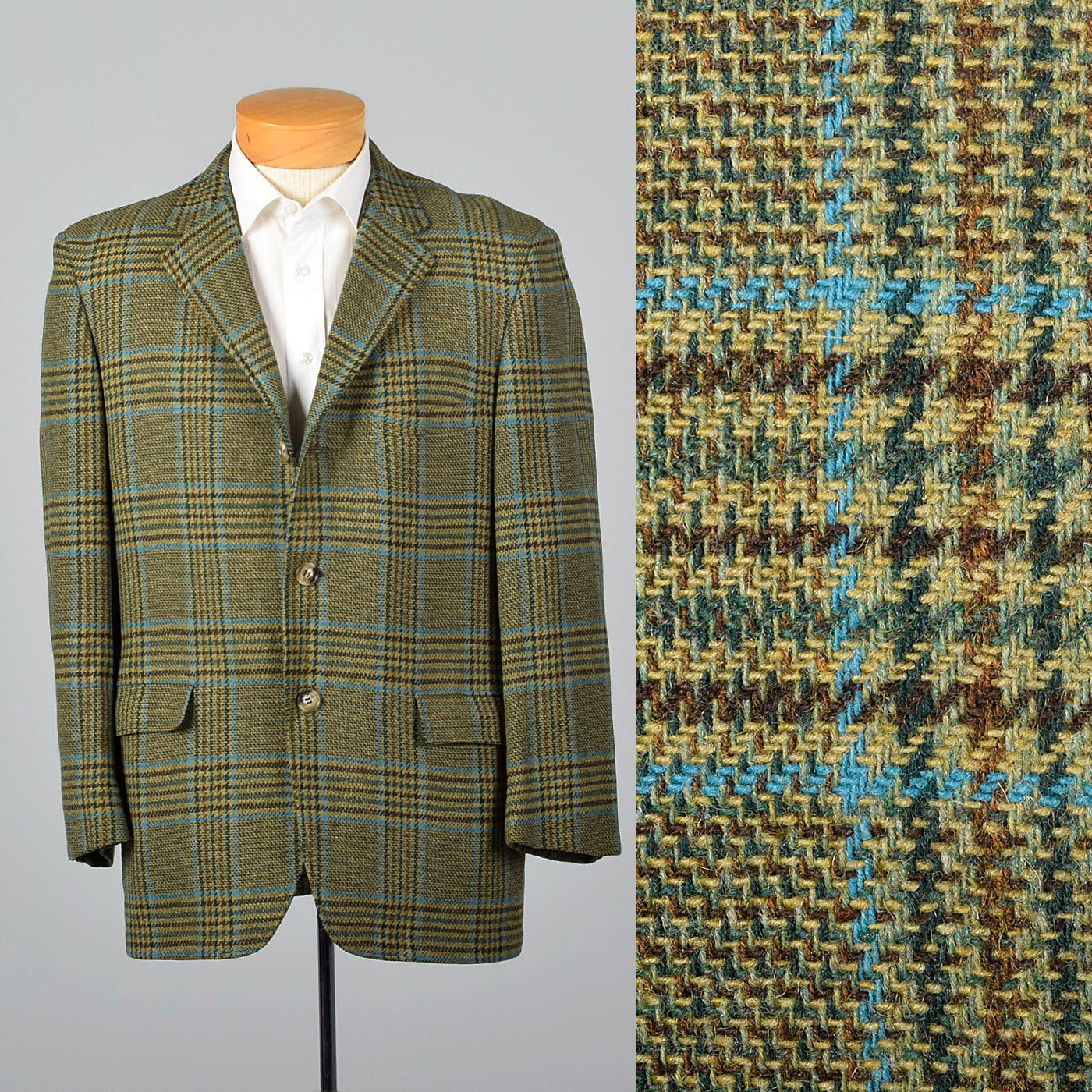 1960s Mens Blue and Tan Tweed Plaid Jacket