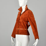 Small 1970s Anne Klein Rust Suede LeatherJacket Boho Autumn Outerwear with Snap Front