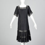 1970s Black Gauze Dress with Lace Trim
