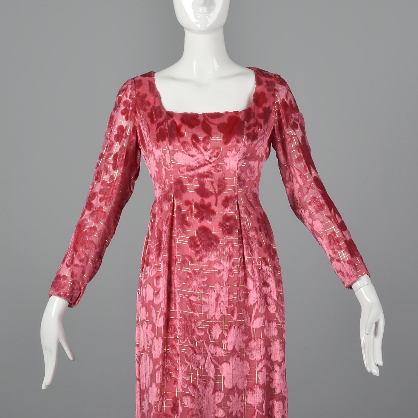 1970s Richilene Pink Burnout Velvet Empire Waist Evening Dress